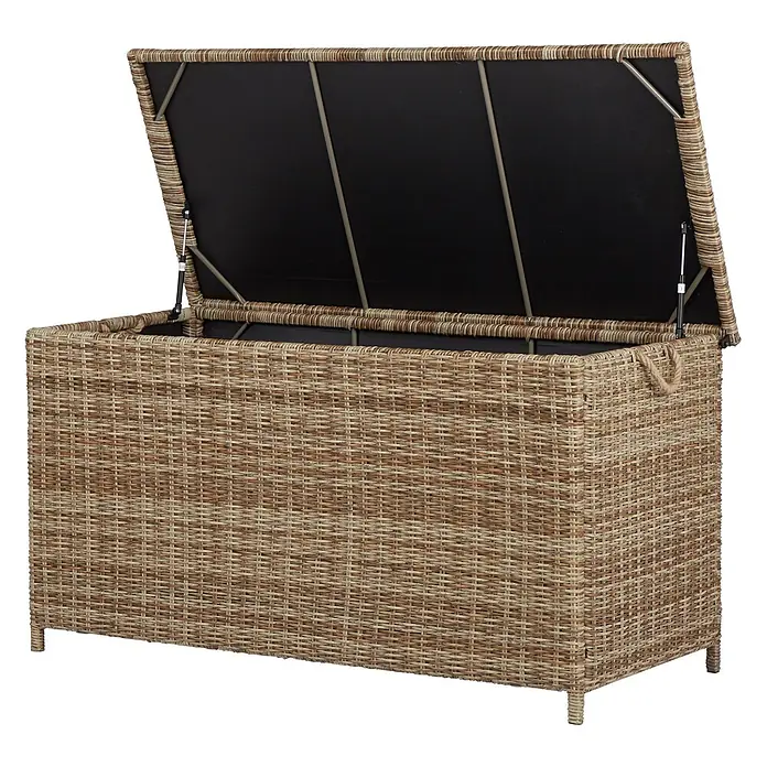 Ebuy24 Garten-Aufbewahrungsbox Gram - L x B x H: 75 x 150 x 80 cm, Natur, Kunststoff - Geflochtene Outdoor-Aufbewahrungsbox mit geöffnetem Deckel, schwarzem Innenfutter & Gasdruckfedern.