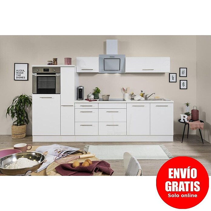 Respekta Premium Composición de cocina (Ancho: 300 cm, Con dispositivos eléctricos, Blanco de alto brillo)