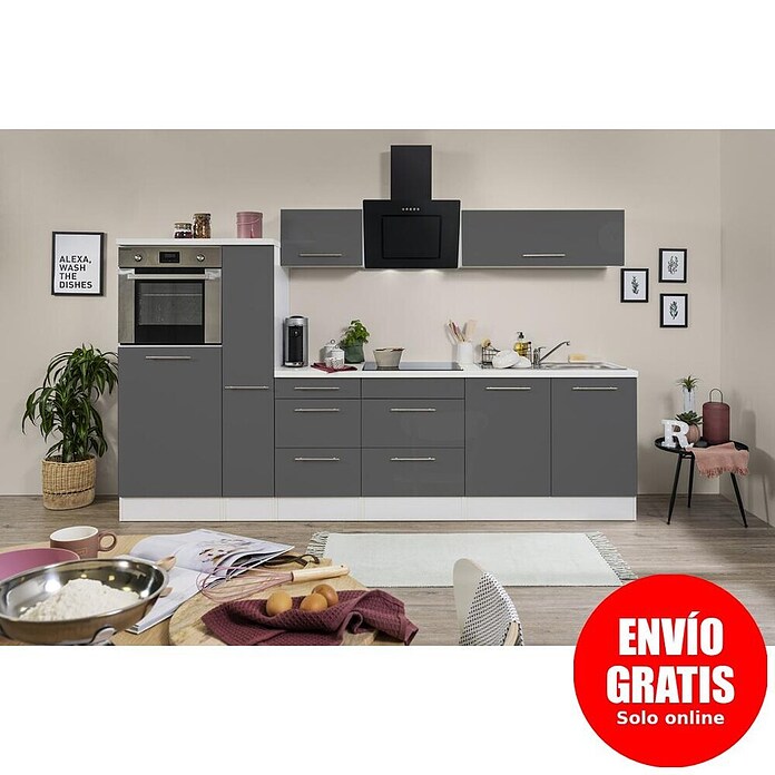 Respekta Premium Composición de cocina (Ancho: 300 cm, Con dispositivos eléctricos, Gris de alto brillo)