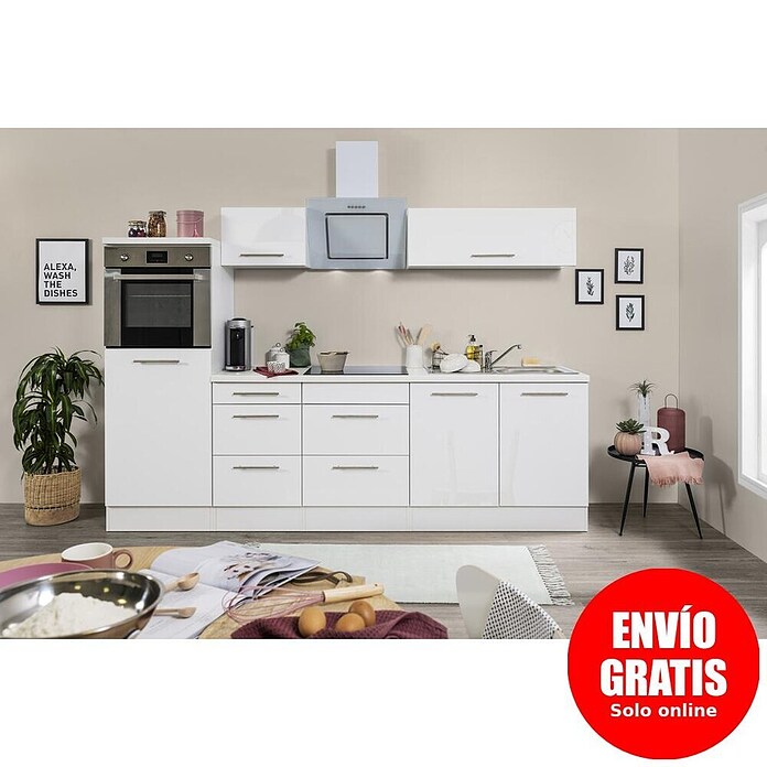 Respekta Premium Composición de cocina (Ancho: 270 cm, Con dispositivos eléctricos, Blanco de alto brillo)