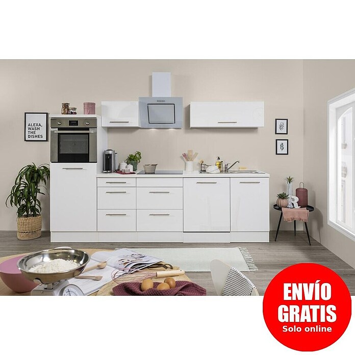 Respekta Premium Composición de cocina (Ancho: 280 cm, Con dispositivos eléctricos, Blanco de alto brillo)