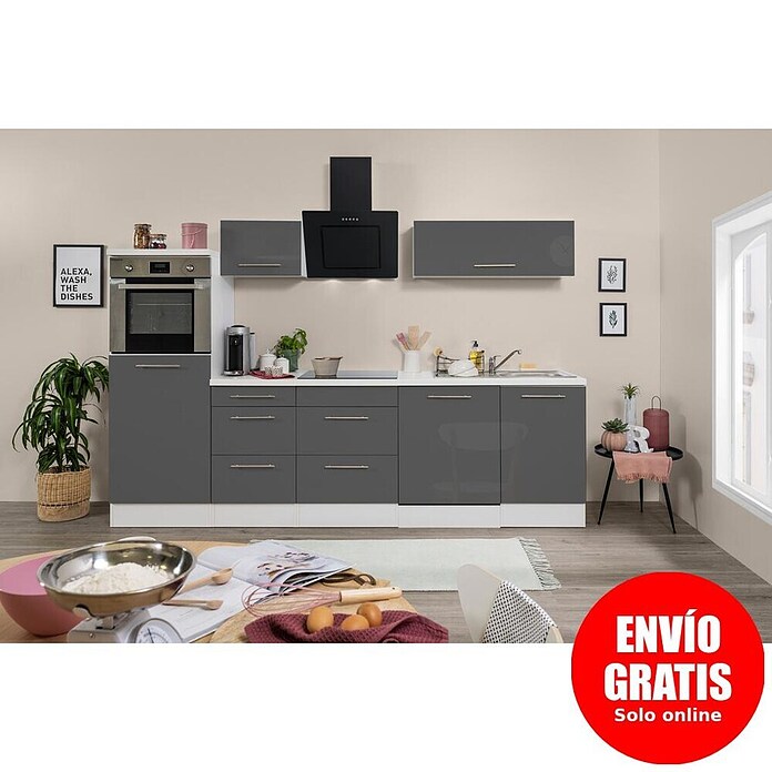 Respekta Premium Composición de cocina (Ancho: 280 cm, Con dispositivos eléctricos, Gris de alto brillo)