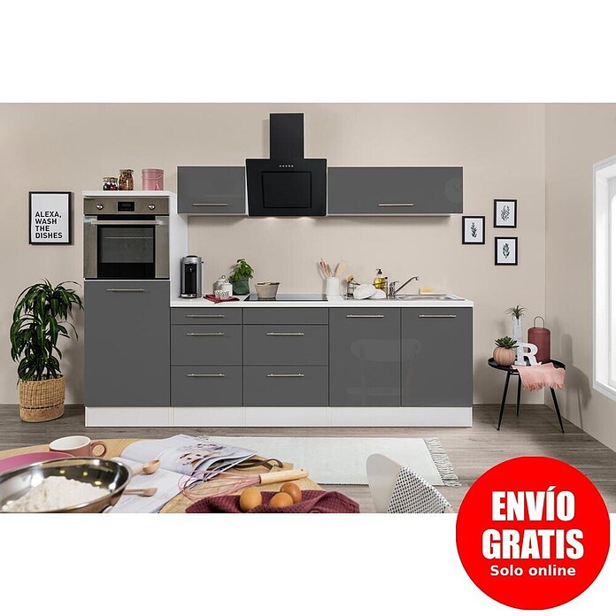 Respekta Premium Composición de cocina (Ancho: 270 cm, Con dispositivos eléctricos, Gris de alto brillo)