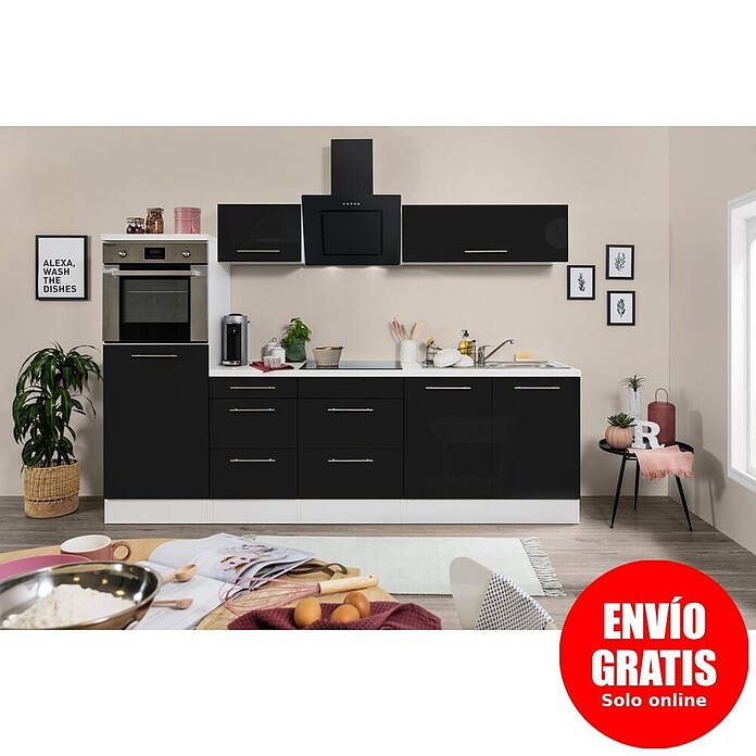 Respekta Premium Composición de cocina (Ancho: 270 cm, Con dispositivos eléctricos, Negro de alto brillo)