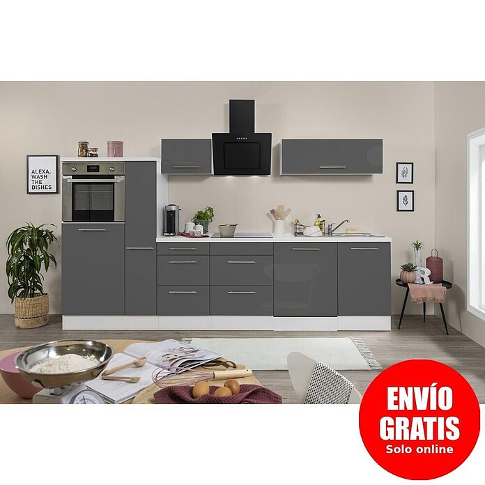 Respekta Premium Composición de cocina (Ancho: 310 cm, Con dispositivos eléctricos, Gris de alto brillo)