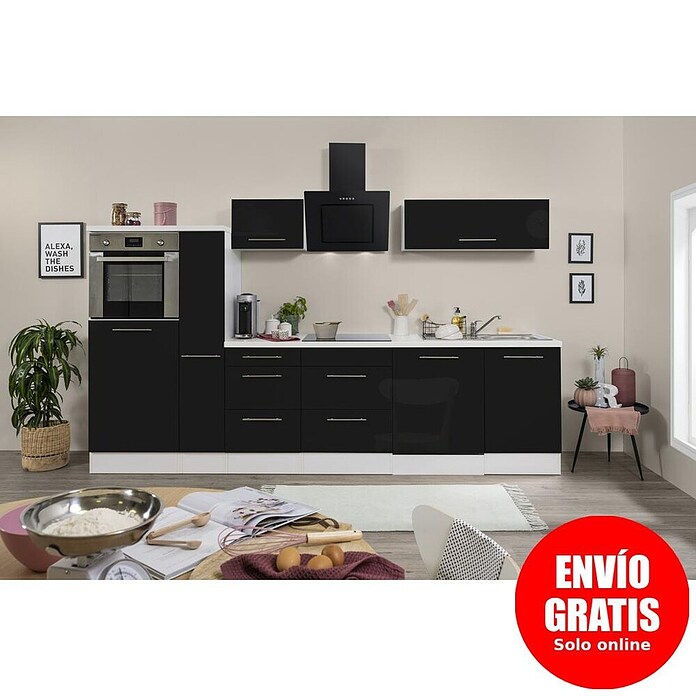 Respekta Premium Composición de cocina (Ancho: 310 cm, Con dispositivos eléctricos, Negro de alto brillo)
