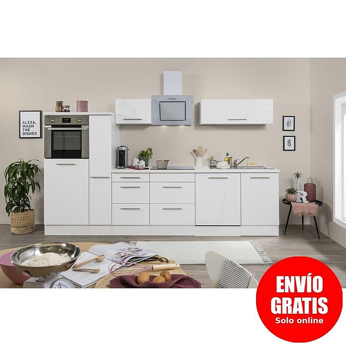 Respekta Premium Composición de cocina (Ancho: 310 cm, Con dispositivos eléctricos, Blanco de alto brillo)