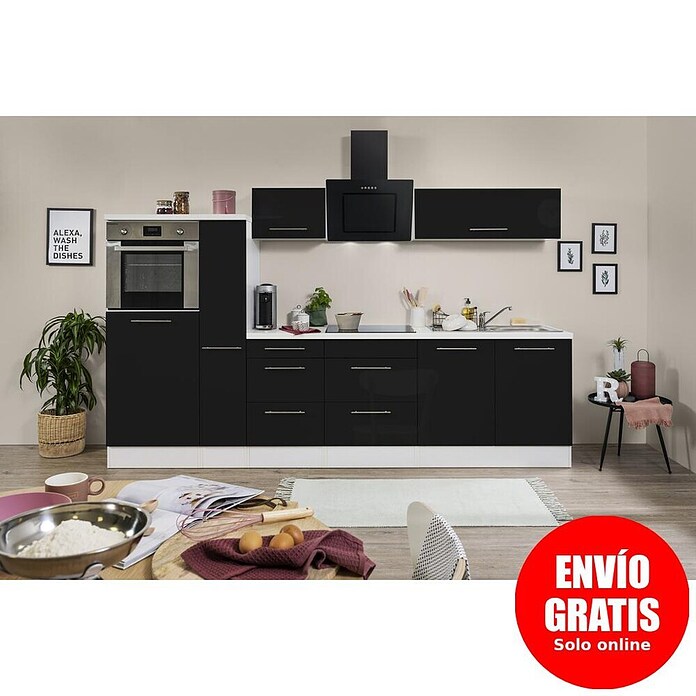 Respekta Premium Composición de cocina (Ancho: 300 cm, Con dispositivos eléctricos, Negro de alto brillo)