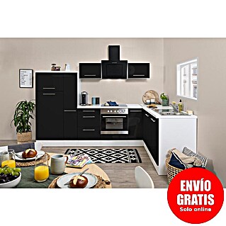 Respekta Premium Cocina esquinera Amanda (An x Pr: 290 x 200 cm, Blanco/Negro, Con electrodomésticos)