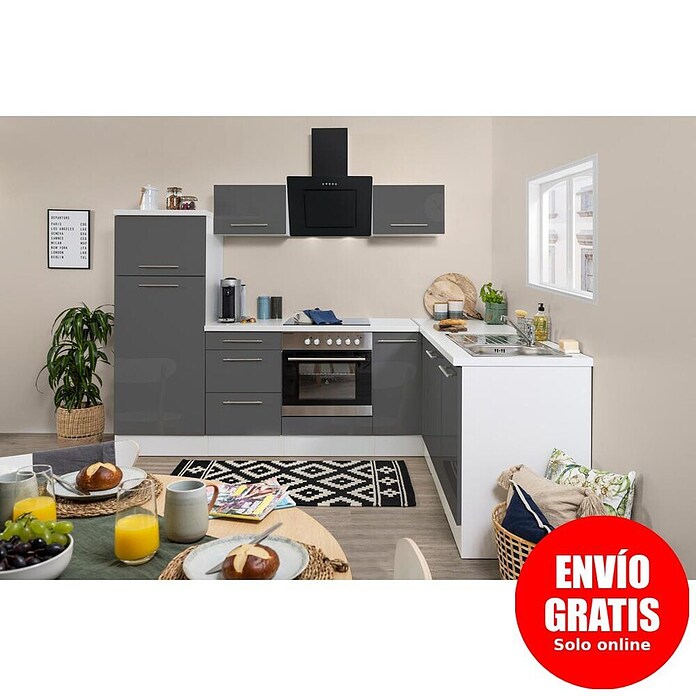 Respekta Premium Cocina esquinera (Ancho: 260 cm, Con dispositivos eléctricos, Gris de alto brillo)
