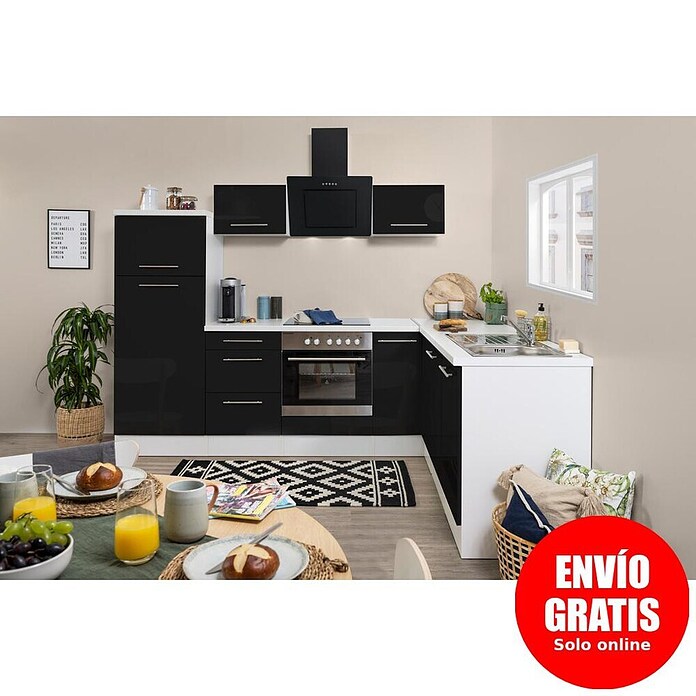 Respekta Premium Cocina esquinera (Ancho: 260 cm, Con dispositivos eléctricos, Negro de alto brillo)
