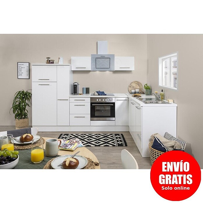 Respekta Premium Cocina esquinera (200 x 290 cm, Con dispositivos eléctricos, Blanco de alto brillo)