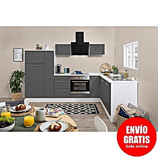 Respekta Premium Cocina esquinera Amanda (An x Pr: 290 x 200 cm, Blanco/Gris, Con electrodomésticos)