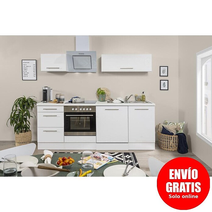 Respekta Premium Composición de cocina (Ancho: 220 cm, Con dispositivos eléctricos, Blanco de alto brillo)