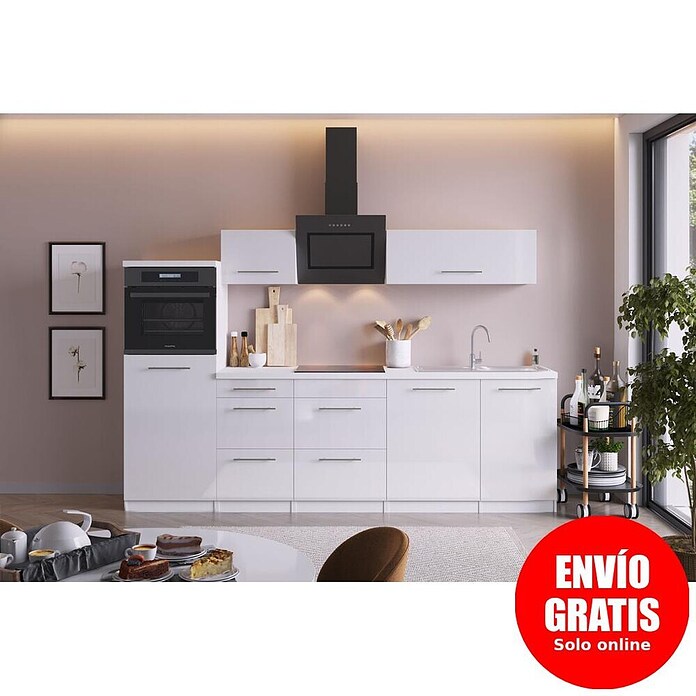 Respekta Premium Composición de cocina Amanda (Ancho: 280 cm, Blanco (campana negra), Con electrodomésticos) | BAUHAUS