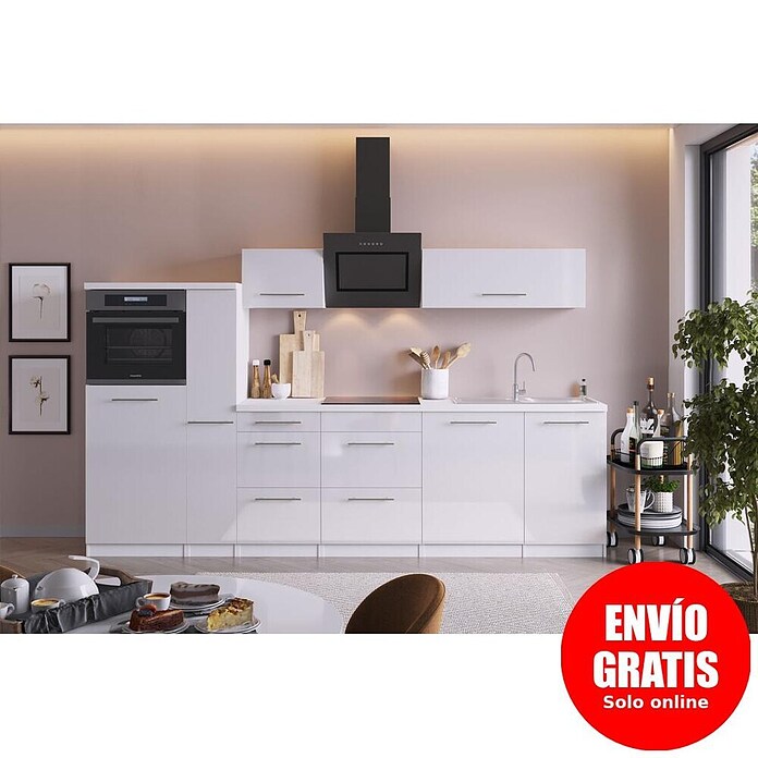 Respekta Premium Composición de cocina Amanda (Ancho: 310 cm, Blanco (campana negra), Con electrodomésticos) | BAUHAUS
