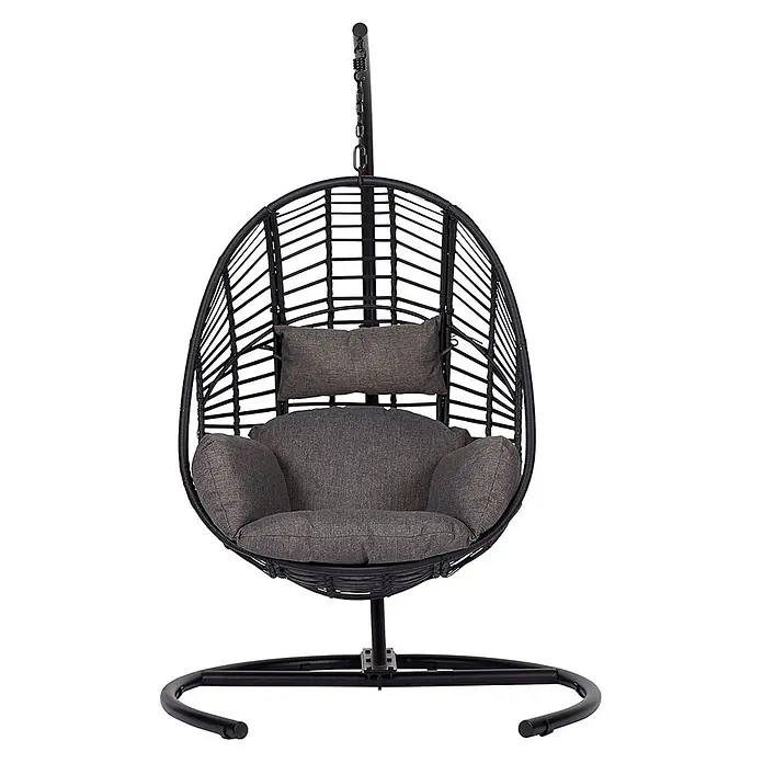 Ebuy24 Hängesessel Armin - Sonstiges, Schwarz - Schwarzer Rattan-Hängesessel mit Metallgestell und grauen Polstern für bequemes Sitzen.