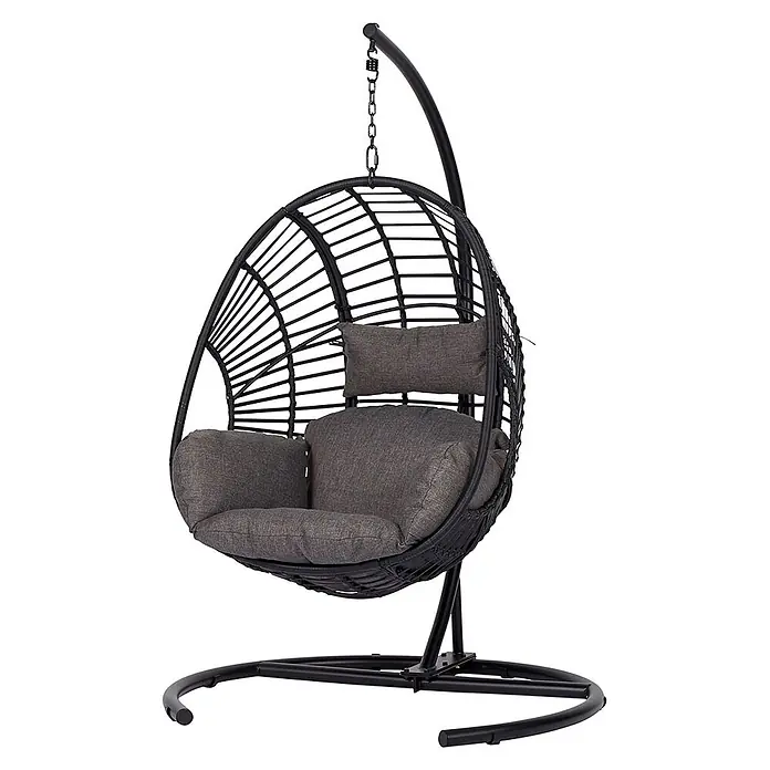 Ebuy24 Hängesessel Armin - Sonstiges, Schwarz - Schwarzer Hängesessel aus Rattan mit dunkelgrauen Kissen und schwarzem Metallgestell.