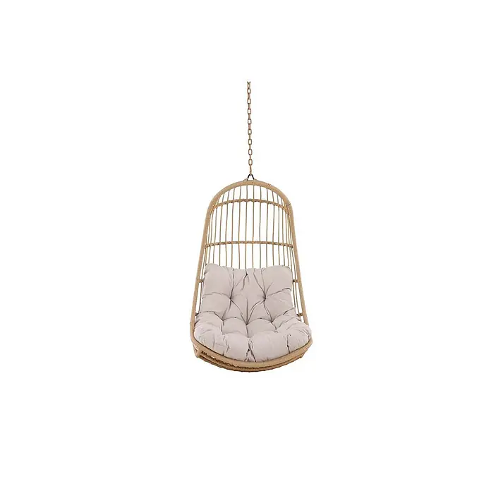 Ebuy24 Hängesessel Pulau - L x B x H: 70 x 77 x 120 cm, Natur - Hängesessel aus natürlichem Rattan mit hellgrauem Kissen, an einer Kette aufgehängt.