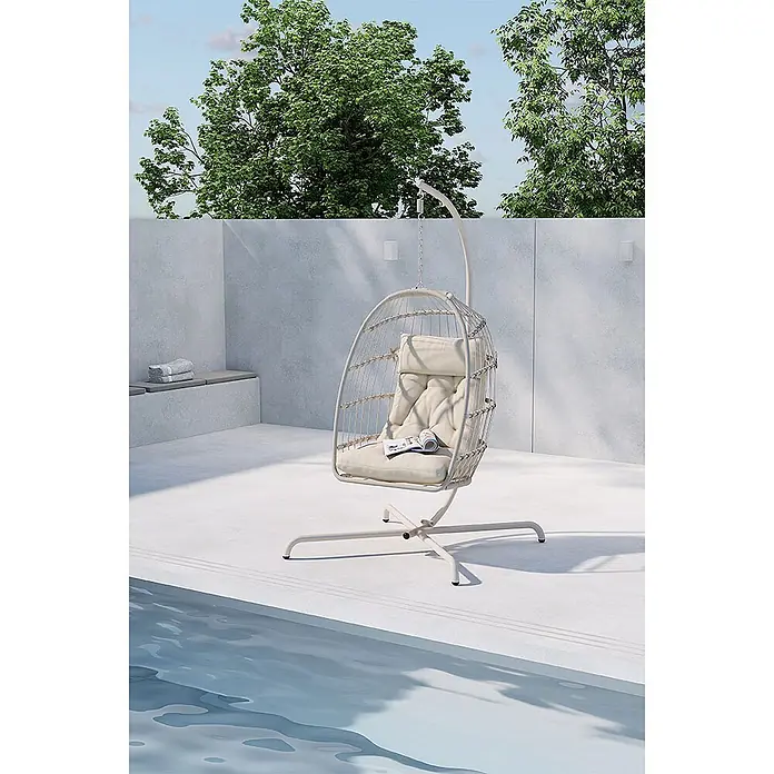 Ebuy24 Hängesessel Trezza - Sonstiges, Beige - Cremefarbener Hängesessel mit Gestell, draußen am Pool.