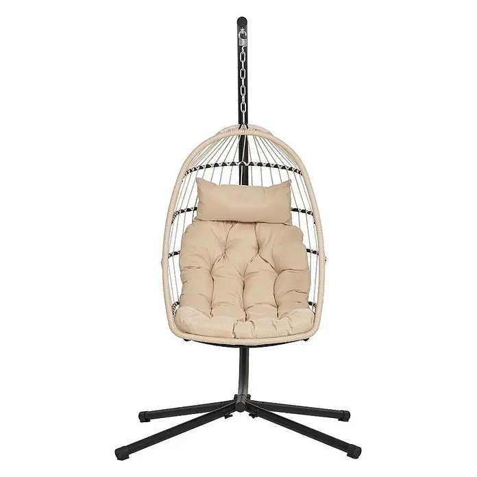 Ebuy24 Hängesessel Petra - Sonstiges, Grau - Cremefarbener Rattan-Hängesessel mit schwarzem Metallgestell und getufteten beigen Kissen.