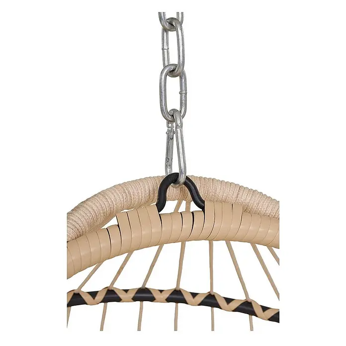 Ebuy24 Hängesessel Petra - Sonstiges, Grau - Silberne Kette und Karabinerhaken befestigt an einem schwarzen Haken an einem beigen Hängesessel aus Geflecht.