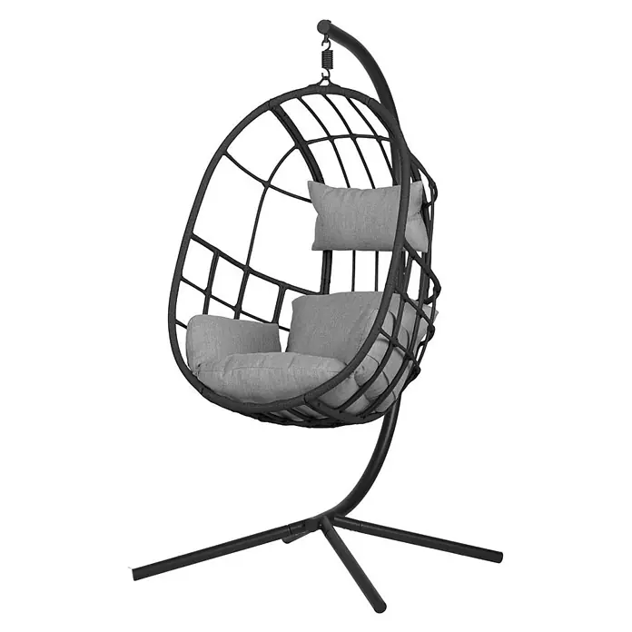 Ebuy24 Hängesessel Jerry - L x B x H: 128 x 128 x 190 cm, Grau - Freistehender dunkelgrauer Hänge-Eiersessel mit hellgrauen Kissen.