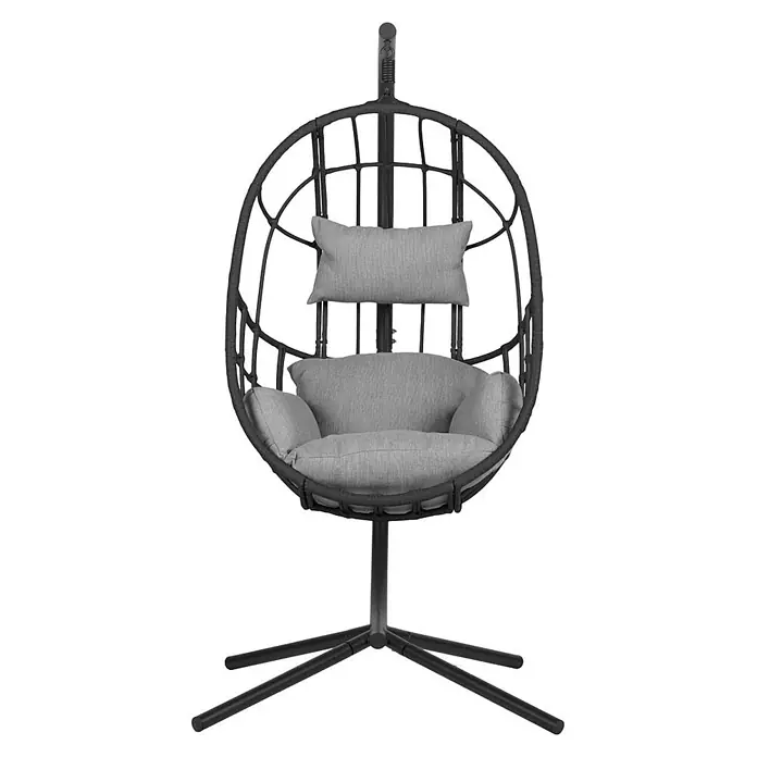 Ebuy24 Hängesessel Jerry - L x B x H: 128 x 128 x 190 cm, Grau - Schwarzer Hängesessel mit Standfuß und weichen grauen Kissen für bequemes Sitzen drinnen oder draußen.