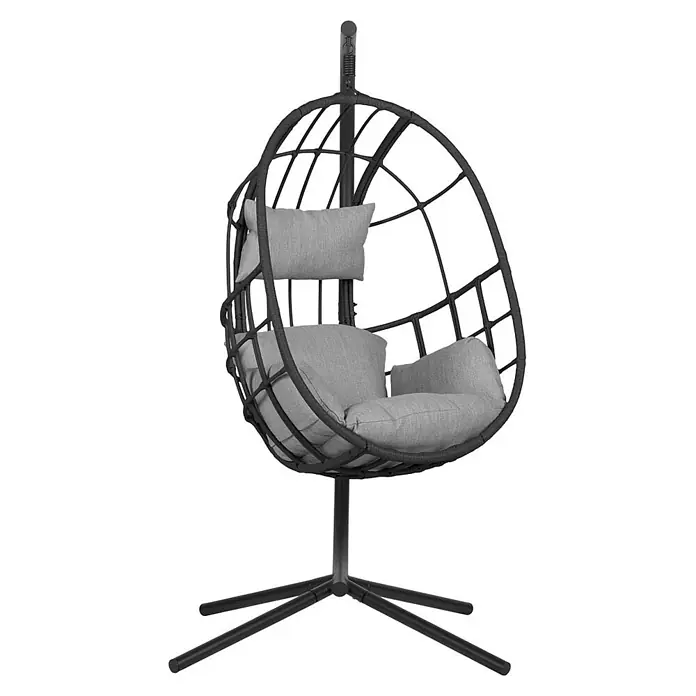 Ebuy24 Hängesessel Jerry - L x B x H: 128 x 128 x 190 cm, Grau - Dunkelgrauer Hängesessel in Eiform mit hellgrauen Kissen auf schwarzem Metallgestell.