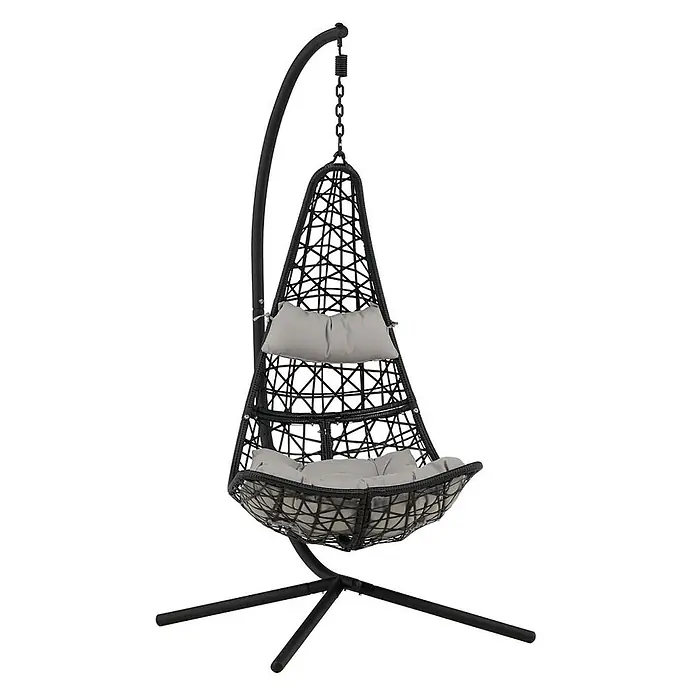 Ebuy24 Hängesessel Edinburgh - Polyester, Schwarz, Grau - Schwarzer Rattan-Hänge-Eierstuhl mit schwarzem Metallgestell und hellgrauen Kissen.