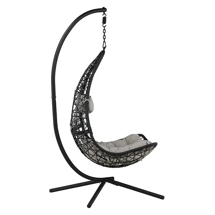 Ebuy24 Hängesessel Edinburgh - Polyester, Schwarz, Grau - Schwarzer Hängesessel aus Korbgeflecht mit grauen Kissen auf schwarzem Metallgestell.