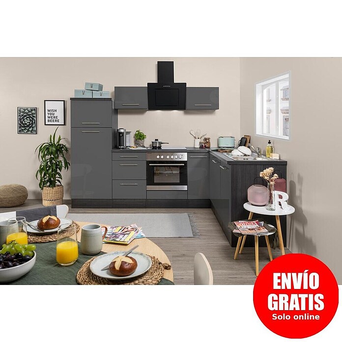 Respekta Premium Cocina esquinera (Ancho: 260 cm, Con dispositivos eléctricos, Gris de alto brillo)
