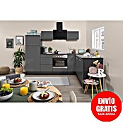 Respekta Premium Cocina esquinera (Ancho: 260 cm, Con dispositivos eléctricos, Gris de alto brillo)