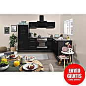 Respekta Premium Cocina esquinera (Ancho: 260 cm, Con dispositivos eléctricos, Negro de alto brillo)