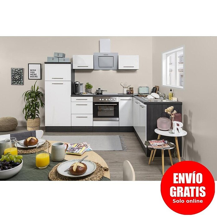Respekta Premium Cocina esquinera (Ancho: 260 cm, Con dispositivos eléctricos, Blanco de alto brillo)