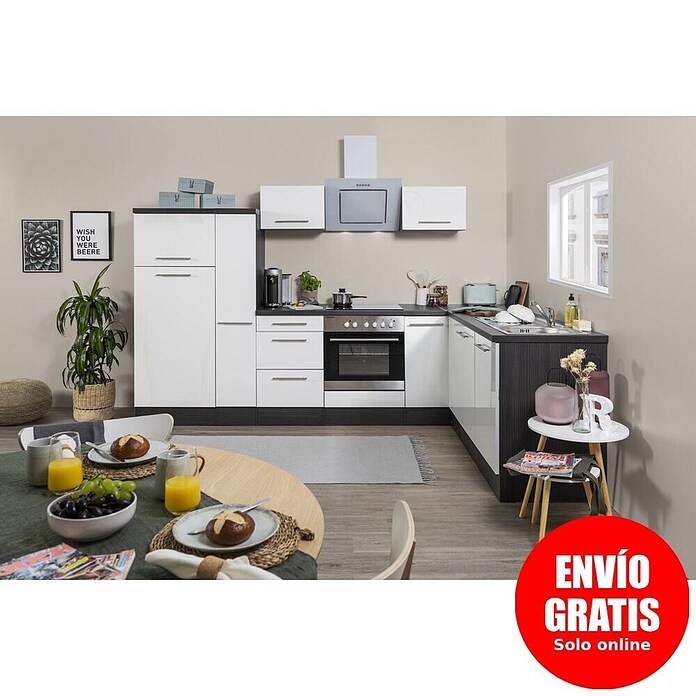 Respekta Premium Cocina esquinera (200 x 290 cm, Con dispositivos eléctricos, Blanco de alto brillo)