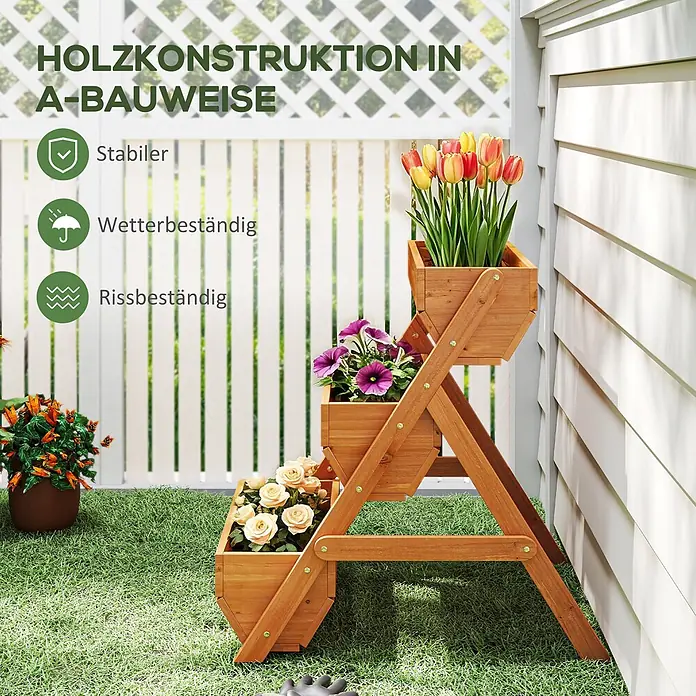 Outsunny Hochbeet - Holz, Braun - Ein gestufter hölzerner A-Rahmen-Pflanzkasten mit bunten Blumen in einer Gartenumgebung.