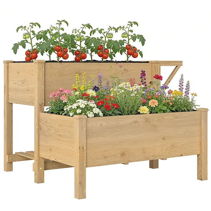 Outsunny Hochbeet - 119,5 x 102 x 76,5 cm, Holz, Naturholz - Zweistöckiges Hochbeet aus Naturholz mit Tomaten und bunten Blumen.