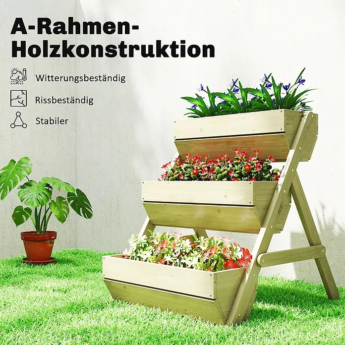 Outsunny Hochbeet - Holz, Naturholz - Dreistöckiger A-Rahmen-Pflanzkasten aus hellem Holz, gefüllt mit bunten Blumen.
