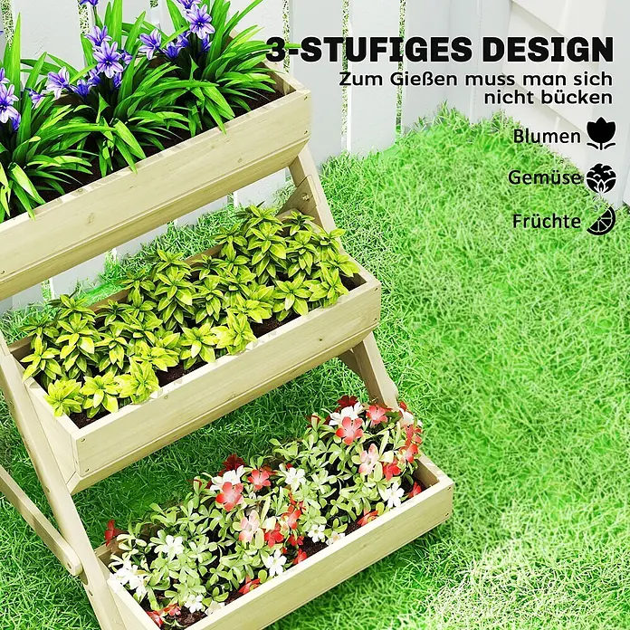 Outsunny Hochbeet - Holz, Naturholz - Dreistufiges Hochbeet aus Holz mit blühenden Blumen, Gemüse und Früchten. Ideal zum Pflanzen, ohne sich bücken zu müssen.