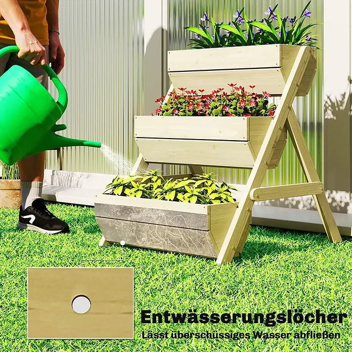 Outsunny Hochbeet - Holz, Naturholz - Hölzerner Etagenpflanzer aus hellem Holz, bewässert. Sichtbare Entwässerungslöcher sorgen für gesunde Pflanzen.