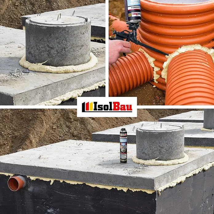 IsolBau Brunnenschaum 6 x Brunnenschaum 1K - 750 ml - IsolBau Polyurethan-Schaum dichtet Betonstrukturen und orange Wellrohre auf einer Baustelle ab.