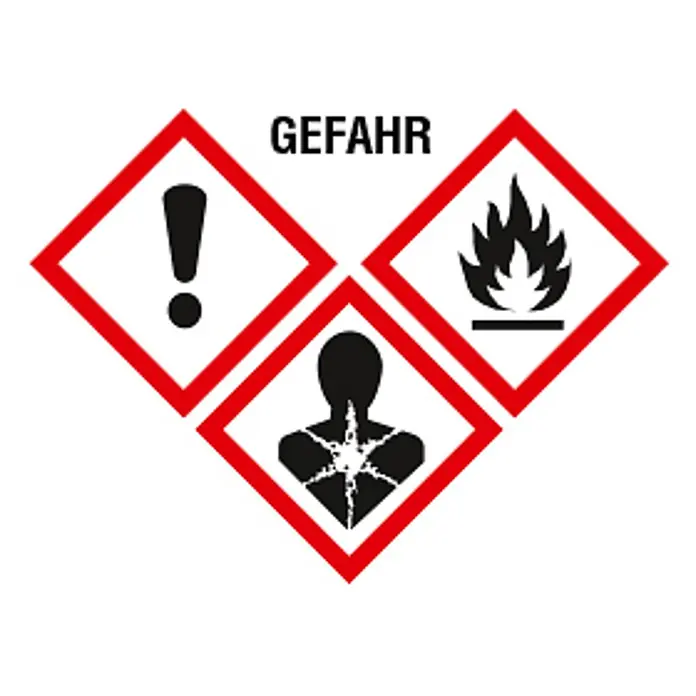 IsolBau Brunnenschaum 6 x Brunnenschaum 1K - 750 ml - GHS-Gefahrensymbole: Ausrufezeichen, Flamme und Gesundheitsgefahr-Piktogramm, mit „GEFAHR“ darüber.