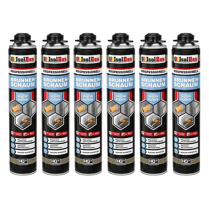 IsolBau Brunnenschaum 6 x Brunnenschaum 1K - 750 ml - Sechs schwarze IsolBau PROFESSIONAL Brunnenschaum-Dosen mit blau-roten Etiketten zum Dichten und Kleben, wasserfest, frostbeständig, schnell härtend.