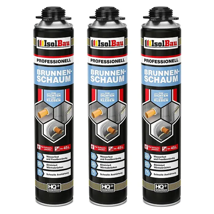 IsolBau Brunnenschaum 3 x Brunnenschaum 1K - 750 ml - Drei schwarze und blaue IsolBau „Brunnen-Schaum“ Sprühdosen zum Dichten und Kleben, wasserfest, frostbeständig und wärmebrückeneliminierend.