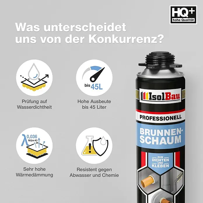 IsolBau Brunnenschaum 1 x Brunnenschaum 750 ml, 1 x Pistolenreiniger 500 ml, Schaumpistole - 750 ml - IsolBau Brunnen-Schaum Spraydose, wasserdicht, wärmedämmend, chemieresistent, hohe Ausbeute.