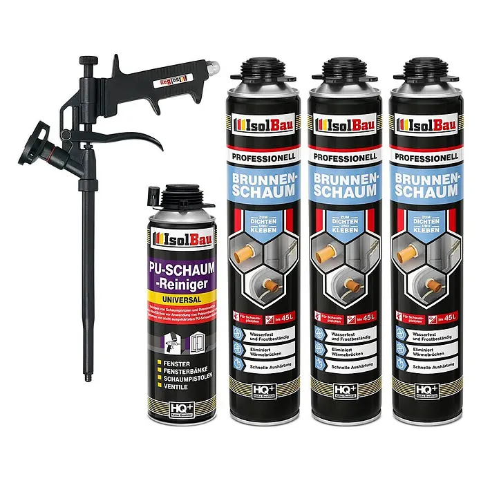 IsolBau Brunnenschaum 3 x Brunnenschaum 750 ml, 1 x Pistolenreiniger 500 ml, Schaumpistole - 750 ml - Eine schwarze Schaumpistole, drei Dosen Bauschaum und eine Dose PU-Schaumreiniger.