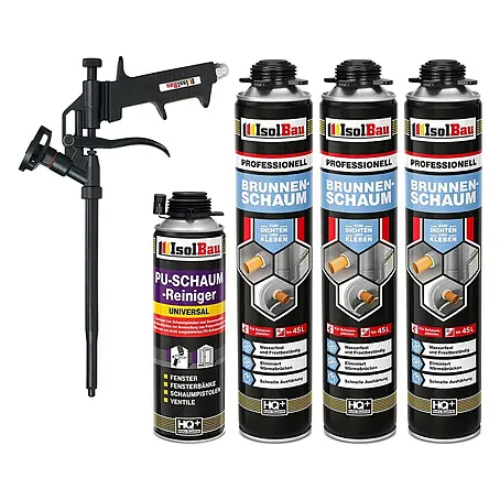 IsolBau  Brunnenschaum 3 x Brunnenschaum 750 ml, 1 x Pistolenreiniger 500 ml, Schaumpistole