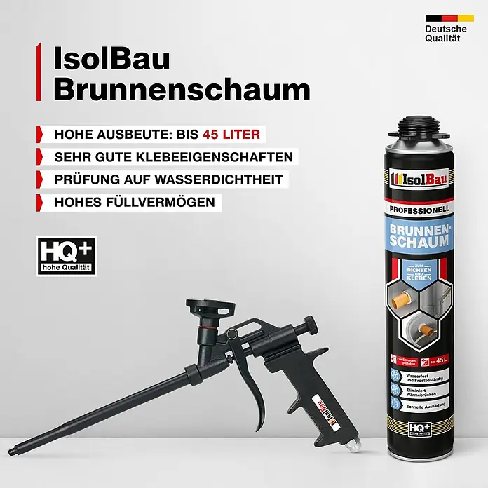 IsolBau Brunnenschaum 1 x Brunnenschaum 1K - 750 ml - IsolBau Brunnenschaum Dose und schwarze Schaumpistole. Der professionelle Schaum dient zum Dichten und Kleben.