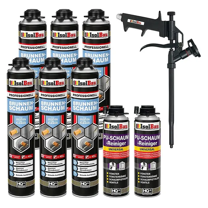 IsolBau Brunnenschaum 6 x Brunnenschaum 750 ml, 2 x Pistolenreiniger 500 ml, Schaumpistole - 750 ml - Set aus IsolBau professionellen Brunnenschaum-Dosen, PU-Schaum-Reiniger-Dosen und einer schwarzen Schaumpistole.